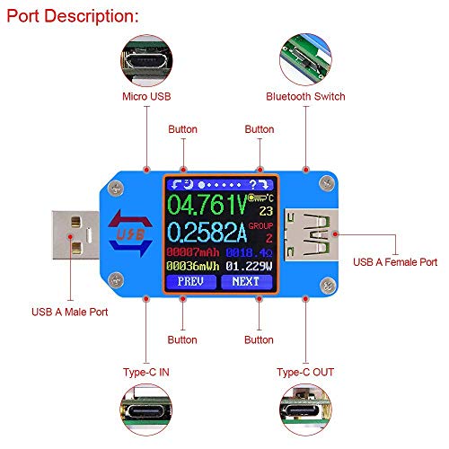 USB-tester UM25C USB mjerač Tester,Napon Struje Bluetooth Punjač Voltmetar Ampermetar Multimetar Tester, 1,44-inčni
