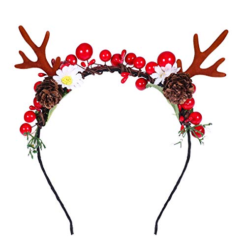 Božićno povez za glavu Lurrose,Povez za glavu od sob rogova s cvijećem, Pine čekić, Božićni domjenak, šlem za