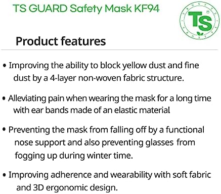 CRNA potvrđeni KF94 Zaštitna maska za lice TS Guard (Napravljen u Koreji) 4-Sloj zaštite , Ergonomski 3D dizajn,