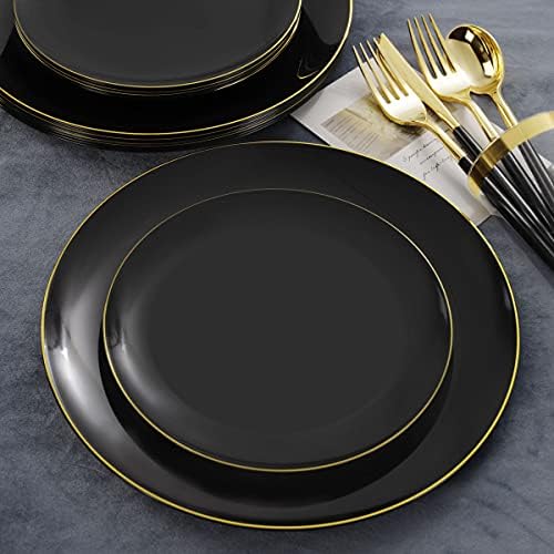 TALIA 180шт Crne plastične Tanjure,Zlatne Plastični pribor za jelo,Crne i Zlatne Plastični Tanjuri,Pribor za
