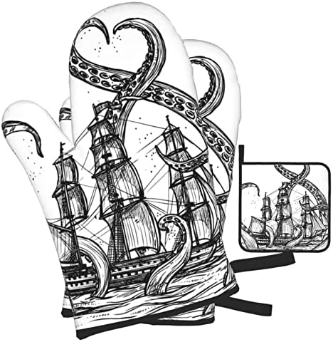 Jedriličarska brod okružen Hobotnica Tiskani lonac držači za pećnicu i Nosači za posude, Komplet od 3 kom.,