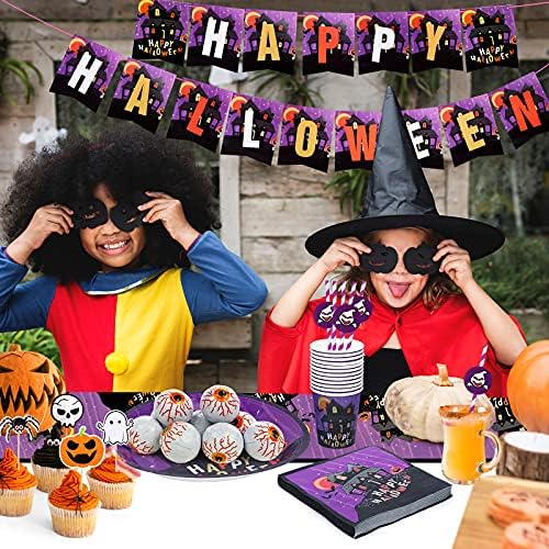 Odmor pribor za Halloween Poslužuje 24 Jednokratno Diners uređaja za Noć vještica, Uključujući Tanjure i Salvete