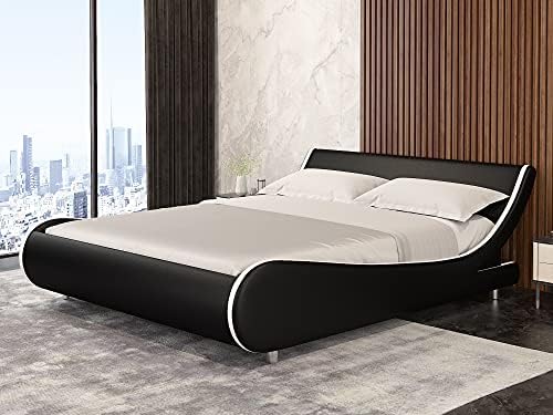 Moderni Bračni Krevet s mekom platforma,Okvir Kreveta s niskim profilom i Podesivim uzglavljem, Krevet od umjetne