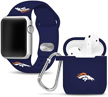 VRIJEME IGRE Denver Broncos Silikon Remen za sat i torbica Combo paket kompatibilan sa Apple Watch i baterije uređaj AirPods (38/40 mm - mornarica/mornarica)