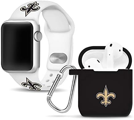 VRIJEME IGRE New Orleans Saints Silikonska traka za sat i Torbica Combo paket kompatibilan sa Apple Watch i baterije uređaj AirPods (38/40 mm - Bijela/Crna)